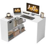 Bureau d'angle blanc 110x100 cm avec rangement tiroir et �tag�res, meuble informatique compact pour espace ...