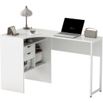Bureau d'angle informatique blanc, 120x60 cm avec rangement 2 tiroirs et 3 casiers ouverts, meuble pc ...