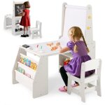 Bureau et chaises pour enfants avec chevalet, tableau blanc et tableau noir, rouleau de papier, 2 �tag�res ...