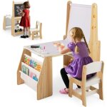 Bureau et chaises pour enfants avec chevalet, tableau blanc et tableau noir, rouleau de papier, 2 �tag�res ...