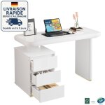 Bureau droit blanc - 117 x 50 x 76 cm, finition laque blanche, forme nuage, 3 tiroirs, plateau et pieds ...
