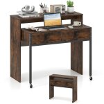 Bureau extensible, table d'ordinateur gain de place avec tiroirs, bureau console en bois compacte avec ...