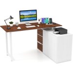 Bureau en forme l r�versible avec 3 tiroirs, bureau d'angle avec armoire � dossiers et prise �lectrique, ...