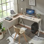 [en. casa] ? bureau d'angle blanc effet ch�ne 158 x 120 x 75 cm ? support pc sur�lev� ? acier rev�tu ...