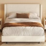 Cadre 140�200 cm avec t�te de lit tissu gris beige, cadre � lattes, double moderne, scandinave, chambre ...