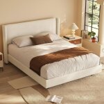 Cadre 160�200 cm avec t�te de lit tissu gris beige, cadre � lattes, double moderne, scandinave, chambre ...