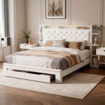 Cadre de lit 140x190 cm, led, usb, avec sommier � lattes, lit double, velours, blanc