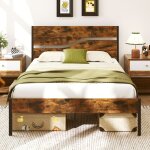 Cadre de lit 140x200cm avec sommier en m�tal lit 2 personnes industriel avec t�te en bois espace de rangement ...