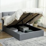 Cadre de lit double - homcom - 140 x 190 cm - sommier  lattes en bois et rangement cach - tissu aspect ...