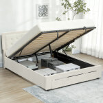 Cadre de lit double - homcom - sommier coffre � v�rins - tiroir � roulettes - t�te de lit r�glable capitonn�e ...