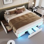 Cadre de lit plateau 180x200 avec tiroirs, cuir pu et barre led, lit double lattes métalliques incluses, ... Cadre de lit plateau 180x200 avec tiroirs, cuir pu et barre led, lit double lattes métalliques incluses, ...