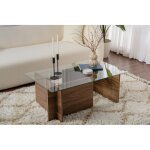 Calicosy - table basse verre fixe gigogne rectangulaire bois en noyer 105x65x40 cm pour salon ou bureau ...