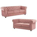 Vente - unique - canapés 3 places et 2 places en velours rose pastel chesterfield Vente - unique - canapés 3 places et 2 places en velours rose pastel chesterfield