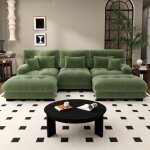 Canap� 3 places, canap� modulaire chenille avec 2 poufs ? grand format en u, convertible en lit, confort ...