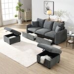 Canap� 3 places avec rangement, 2 tiroirs, 2 tabouret, modules � combinaison libre, 2 coussins, velours ...