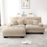 Canap� d'angle 2 places en chenille, avec 2 coussins lombaires, 2 coussins d�coratifs et repose - pied, ...
