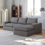 Canap� d'angle 3 places en l avec 3 coussins, 1 chaise longue, velours c�tel� - meuble de salon / chambre, ...