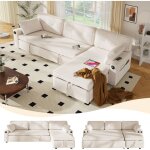 Canap� d?angle convertible 3 places en chenille beige avec fonction couchage, canap� - lit en l avec ...