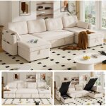 Canap� d?angle convertible 4 places beige avec fonction couchage, canap� lit en u avec deux espaces de ...