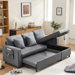 Canap� d'angle convertible ? l r�versible, rangement dissimul�, tissu lin , 3?4 places, 2 coussins, gris ...