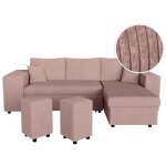 Canap d'angle rversible mady avec coffre, rangement poufs  gauche en velours ctel rose