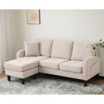 Canap� d'angle avec m�ridienne - 3 places - tissu en coton et lin - beige