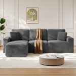 Canap� d'angle modulable neche - velours c�tel� gris, canap� compress� 3 places + m�ridienne, combinaison ...