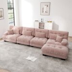 Canap d'angle modulable, quatre places, avec repose - pieds amovible, tissu chenille - rose