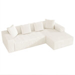 Canap� d?angle modulable en velours c�tel� blanc avec m�ridienne et assise profonde 261 cm