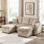 Gutent ? canap� d'angle multifonctionnel ? 3 places avec poufs de rangement ? tissu velours c�tel� beige ...