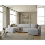 Canap� d'angle panoramique convertible neria en velours c�tel� gris clair