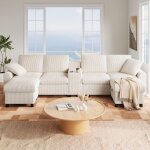 Canap d'angle en velours ctel avec tabourets de rangement - table basse, porte - gobelets, usb / prise ...