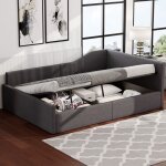 Canap� banquette - lit capitonn� 140x200 avec rangement - moderne confortable gris - id�al petit espace ...