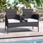 Canap� de jardin en rotin, 2 places, fauteuil de jardin exterieur avec accoudoirs et coussins blancs, ...