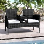 Canap� de jardin en rotin, 2 places, fauteuil de jardin exterieur avec accoudoirs et coussins blancs, ...