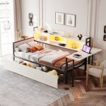 Canap� - lit 1 place fer forg� 90x200 cm blanc - bureau rabattable, grands tiroirs, rangements, �clairage ...