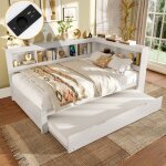 Canap - lit 140 x 200 cm - avec lit gigogne - prise de courant + 2 usb - avec sommier  lattes - blanc ...