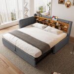 Canap� - lit 90 / 180x200cm, avec charge usb / type - c, rangement et sommier � lattes - tissu lin gris ...