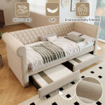 Canap� - lit 90 x 200 cm, avec 2 tiroirs de rangement, sommier � lattes, housse en lin, beige