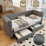 Canap� - lit 90 x 200 cm, avec 2 tiroirs de rangement, sommier � lattes, housse en lin, gris