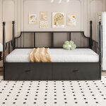 Canap� - lit 90 x 200 cm, dossier et accoudoirs en maille, structure m�tallique, noir