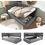 Canap - lit 90x190 capitonn velours gris - rangement hydraulique - cadre et sommier bois - enfant / ...