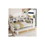 Canapé - lit 90x200 cm avec 2 tiroirs, décoration en rotin, prise de courant, compartiment de rangement, ... Canapé - lit 90x200 cm avec 2 tiroirs, décoration en rotin, prise de courant, compartiment de rangement, ...