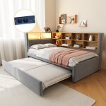 Canapé - lit 90x200 cm - avec lit gigogne 90x190 cm - avec led - prise de courant - gris foncé (matelas ... Canapé - lit 90x200 cm - avec lit gigogne 90x190 cm - avec led - prise de courant - gris foncé (matelas ...