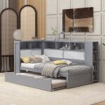 Canap - lit 90x200 cm avec lit gigogne 90x190 cm, usb, lit enfant, plusieurs compartiments de rangement, ...