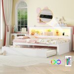 Canap - lit 90x200 cm avec lit gigogne, lit adulte / enfant avec prise + usb, led, sans matelas, blanc ...