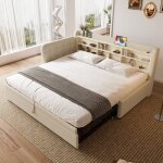 Canap� - lit 90x200 cm - avec lit gigogne - port usb + type c - avec �tag�re de rangement - lin - beige ...