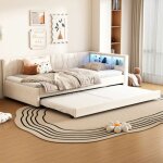 Canap� - lit 90x200 cm, lit simple avec lit gigogne, �clairage led ei prise usb, tissu en lin beige, ...