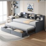 Canap lit 90x200, lit enfant gigogne 90x190 avec 2 tiroirs, rangement, prise usb, lit simple en bois, ...