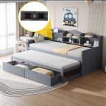 Canap� - lit 90x200 et lit gigogne 90x190 avec rangements, tiroirs, usb - lit simple bois gris (sans ...